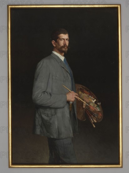 Self-portrait with a palette, Antoni Piotrowski 1853–1924; 1893; painting; height 161 cm, width 111 cm. Young Poland; self-portrait of a male artist with mustache, holding a palette and brushes., A portrait painting of a standing man shown from the thighs up, wearing a gray suit jacket and trousers with a white shirt and a blue neck covering, holding a wooden artist's palette and several paintbrushes in one hand and a thin brush in the other; he has short dark hair, a mustache and goatee, and a serious expression while looking slightly toward the viewer, set against a very dark background framed by a narrow gold frame, with visible colors including gray, blue, brown, tan, green, red, white, black, and gold.