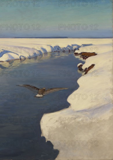 Winter Landscape with a River and a Bird, Julian Falat 1853–1929; oil painting, 1913. Subject: winter landscape with a river and a bird. Styles: Japonisme, Young Poland. Notes: Falat, a leading Polish landscape painter and professor at the Kraków Academy of Fine Arts, depicted Polish nature and became popular for his expansive winter scenes. Painting dimensions: 106 × 135 cm; with frame: 118 × 147.6 cm, thickness 5.5 cm., A snowy landscape with a narrow dark blue river cutting through white snowbanks, a brown bird with outstretched wings flying low over the water, snowdrifts and rounded snow edges along the riverbanks, a few exposed brown rocks peeking through snow on the near bank, a pale blue sky fading to a lighter horizon, and reflections of snow and sky in the water showing shades of blue and muted gray.