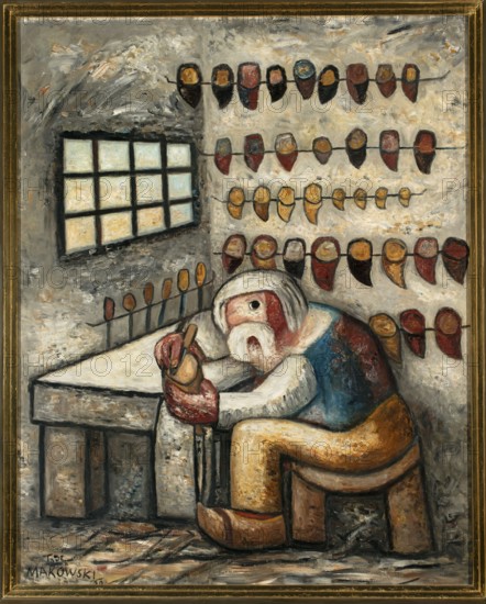 The Shoemaker - Le Sabotier, Makowski, Tadeusz 1882-1932 painter, contemporary painting, interwar period, male figures, figures in an interior, École de Paris style. In the interior of a shoemaker's workshop, at a low table sits the figure of a man in a blue jacket and clogs. His head with white hair and white downturned mustache is half-turned towards the viewer. Above him, on the wall in five rows, clogs are hung; on the other wall a barred window. 1930, Paris. Painting. Height 100.5 cm, width 81 cm; with frame: height 118 cm, width 98 cm, thickness 9 cm., An interior scene painted in muted tones shows a seated figure with pale skin and white hair and beard, wearing a blue top and yellowish pants, hunched over a workbench while holding a rounded object and a tool. The room has textured grey walls and a window with dark mullions letting in pale light. Several lines of hanging cup-shaped objects in shades of brown, red, yellow, and black are strung across the walls. The workbench and s...