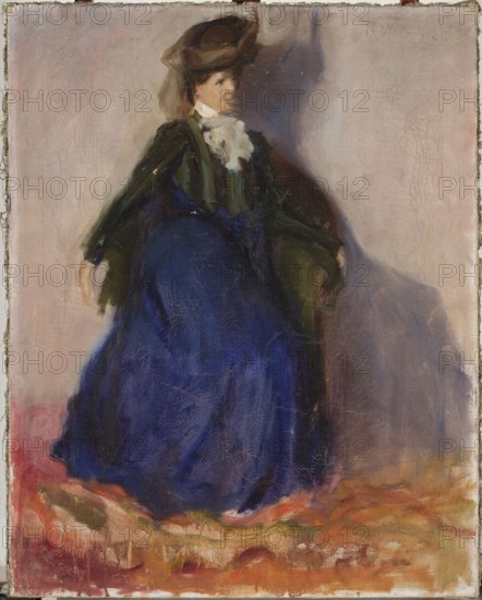 Study of a Seated Woman, Romuald Kamil Witkowski 1876–1950, painter; ca. 1907, Poland; painting; oil on canvas; dimensions 79.5 × 62.5 cm; contemporary painting; female portrait., A painted portrait of a seated person wearing a large dark brown hat and a dark green jacket over a deep blue skirt, with a white ruffled accessory at the neck; the figure is set against a pale pink-gray background that casts a soft shadow, and the foreground shows a textured reddish-orange and ochre surface.