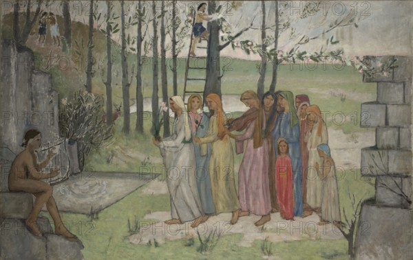 The Rite of Spring, Makowski, Tadeusz 1882–1932, painter; contemporary painting; genre scenes; École de Paris style; spring; ca. 1907; Poland; painting; height 129 cm, width 203 cm, A group of people walk barefoot along a pale path through a grassy landscape, several wearing long flowing garments in colors including white, pale blue, yellow, pink, red, brown, green, and beige, with a few women wearing head coverings; one woman at the front holds a flower and another nearby carries greenery. To the left a seated nude figure with dark hair plays a lyre near stone ledges, and behind them a few trees with slender dark trunks rise against a pale sky. In the background a child climbs a ladder propped against a tree and reaches toward branches with blossoms, while more trees and a distant hill in shades of muted green and brown form the scene; stone blocks frame the right edge and small patches of grass and plants dot the foreground. The overall palette includes muted greens, grays, browns, p...