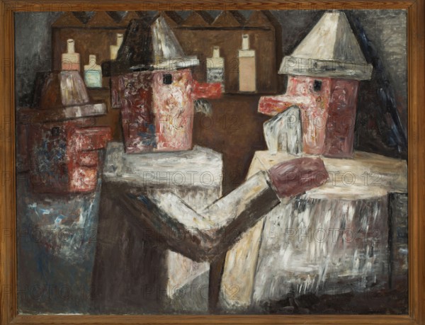 In the bar, Makowski, Tadeusz 1882–1932 painter / author, group portraits, École de Paris style, interwar period, contemporary painting, bottles, ca. 1931, Paris place of creation, painting, height 99 cm, width 127 cm, A framed painting showing a group of abstract, blocky figures that resemble stylized heads and torsos, painted with textured, visible brushstrokes. The palette includes muted browns, grays, and creams, with noticeable areas of pink and red on several of the figures, and touches of blue scattered across surfaces. Some figures wear conical shapes on top of their heads painted in off-white and gray, while darker brown and black shapes suggest shadowed areas. A few rectangular bottle-like forms appear in the background in pale beige and light blue. Foreground areas show broad strokes of white and gray creating tabletop or block surfaces, and there are darker brown and nearly black sections emphasizing depth and separation between forms. The wooden frame around the painting i...