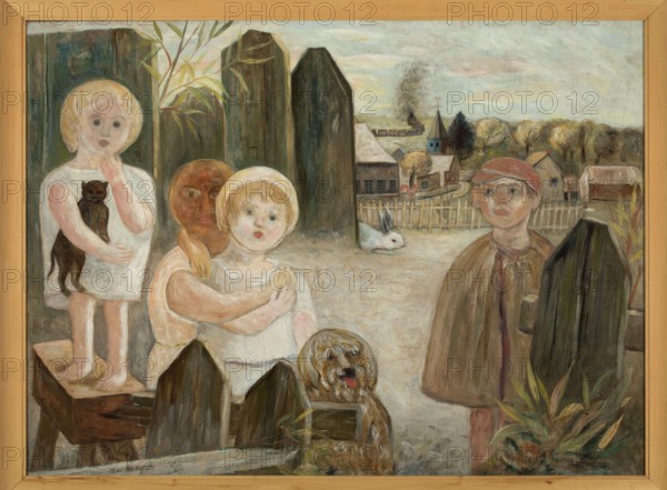 Children in a Country Yard, Makowski, Tadeusz 1882–1932 painter, ca. 1926, Paris; painting; height 95.5 cm, width 130 cm. Subjects: children, dogs, rabbits, cats; interwar period; contemporary painting., A painted scene shows a group of children and animals in a muted outdoor setting framed by a simple wooden frame; a pale child with light hair stands on a small wooden bench holding a dark-colored cat, while nearby two children are closely grouped with one child with darker skin embracing a fair-haired child wearing a white dress, both faces pale with soft features; a shaggy brown dog with its tongue out sits in front of a wooden fence, and a white rabbit lies on the ground further back; to the right a child wearing a brown cape and a reddish-brown cap stands beside a tall dark wooden post, with grasses and leafy plants at the foreground; tall vertical fence boards form a backdrop on the left, and beyond a small village with houses, a steeple, trees, and a distant plume of smoke occupi...