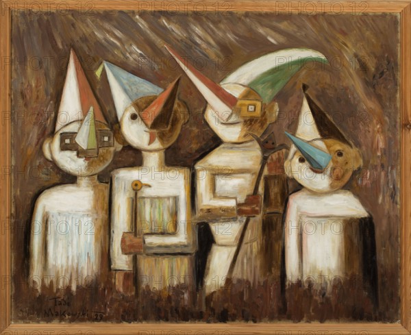 Dressed Children, Makowski, Tadeusz 1882-1932 painter, contemporary painting, École de Paris, interwar period, children, 1929, Paris, painting, height 81 cm, width 100 cm, A painted scene showing a group of stylized figures with triangular hats and elongated triangular noses, rendered in earthy tones of brown, beige, and tan with accents of white, green, blue, red, and orange; the background is a textured mix of dark brown and ochre brushstrokes, and the figures have blocky, simplified bodies in off-white and cream with some vertical streaks of muted color; a few hats are pale green, pale blue, red, and brown, and several noses are blue, red, or brown; the composition is framed by a wooden frame in warm light brown.