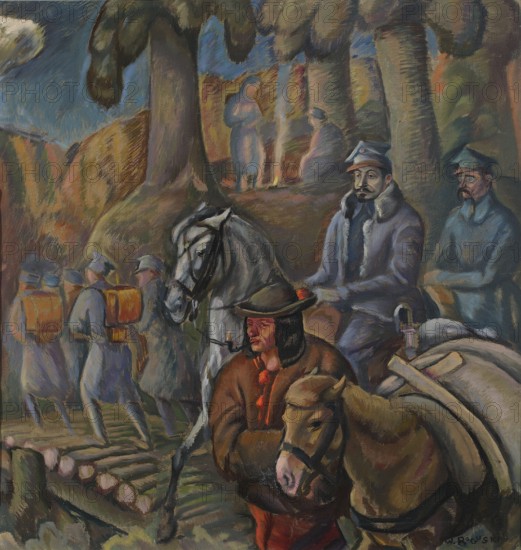 Haller and Minkiewicz in the Carpathians, Roguski, Wladyslaw 1890–1940 painter, contemporary painting, battle scene, interwar period, Association of Polish Artists Rytm Warsaw; 1922–1932, 1916, Poland; painting; height 63.5 cm, width 61 cm, A painted scene shows a group of people and animals in a wooded landscape with a few tall trees and a dark blue sky. In the foreground a person wearing a brown coat and a dark hat walks beside a light brown horse with a pale muzzle, the horse carrying saddlebags. Nearby a white horse with a dark bridle stands next to a seated figure in a grayish coat with a fur collar and a cap, who has a mustache and beard. Behind them another seated figure in bluish clothing and a cap looks on. To the left a group of figures in muted gray and blue uniforms with ochre packs march away along a path. In the midground under the trees a glowing area suggests a small fire with standing and seated figures in soft pastel tones. The palette includes blues, grays, browns, o...