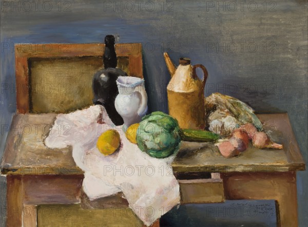 Still life, Waliszewski, Zygmunt 1897-1936 painter, Paris Committee artistic group; 1924-1934, contemporary painting, interwar period, still lifes, lemons, artichokes, onions, bottles, 1925, Paris, painting, height 54 cm, width 73 cm, A still life scene shows a wooden table with a light-colored cloth draped over its edge, on which a group of objects is arranged. There is a dark bottle and a white pitcher standing near the back, and a tall tan jug with a handle and spout nearby. A green round vegetable sits toward the front next to a few yellow fruits and a long green vegetable. A cluster of pinkish root vegetables and a pale leafy item rest to one side. The surface and background display muted tones of gray, blue, brown, and ochre, with highlights of white, green, yellow, pink, tan, and black.