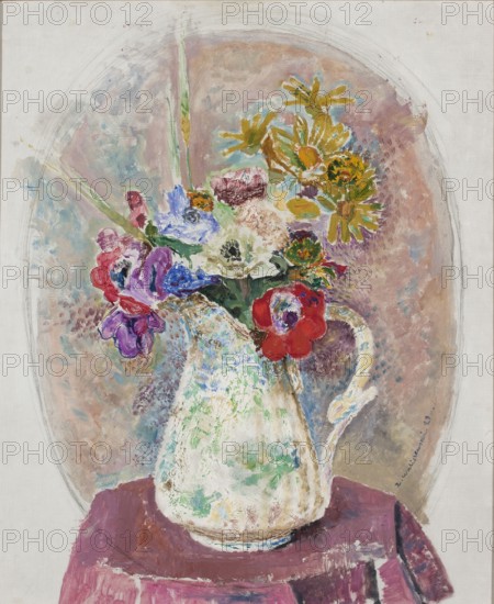 Anemones, Waliszewski, Zygmunt 1897–1936 painter, flowers, contemporary painting, interwar period, Paris, 1929, painting, height 61 cm, width 50 cm, Paris Committee artistic group; 1924–1934, A painted still life of a jug filled with a bouquet sits on a draped surface, showing a range of colors including white, cream, green, yellow, red, purple, blue, pink, brown, and touches of black; the jug is predominantly white and cream with greenish and bluish brushwork and has a curved handle, while the flowers display a mix of yellow daisy-like blooms, red and purple blossoms, blue and white flowers, and green foliage; the background features a soft oval halo of blended pastel tones in pink, beige, blue, and mauve against a pale canvas, and the surface beneath the jug is rendered in deep pink and burgundy hues with visible brushstrokes and textural paint marks.