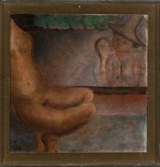 The Curious, Spychalski, Jan 1893–1946 painter, figurative scenes, contemporary painting, interwar period, female nudes, 1933, Poland, painting, height 36 cm, width 35.5 cm, A framed painting showing a large, rounded, brown-toned form in the left foreground that resembles a seated figure or organic shape, with visible shading in rust, ochre, and darker brown; the background features a muted, hazy area with blended tones of gray, mauve, and dusty pink, and a faint, softly rendered figure-like outline wearing a hat in pale beige and brown on the right; a horizontal band of deeper brown and muted red separates middle and lower areas, while the lower portion shows a textured surface in bluish-gray and slate tones; a narrow strip of green and teal appears along the top edge, and the frame itself is an aged bronze or dark olive color.