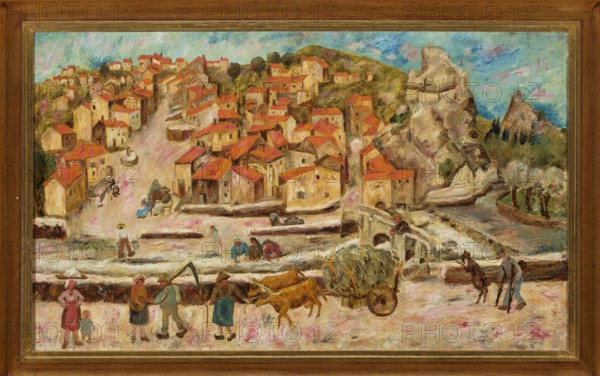 View from the Bridge in Espaly, Makowski, Tadeusz 1882–1932 painter, contemporary painting, École de Paris style, interwar period, bridges, hay, goats, peasant carts, ca. 1920, Paris place of creation, painting, height 65.5 cm, width 107 cm, A painted village scene shows a cluster of small buildings with red and orange roofs and beige to light brown walls set on rolling green hills beneath a sky of blue with touches of pink and white. In the foreground, a group of people wearing garments in colors like blue, green, brown, pink, and red stand and walk along a light-colored, textured ground with areas of pink and white. A cart piled with greenish hay is drawn by brown oxen near a rough wooden cart wheel, and nearby a few figures handle tools or lead animals. To the right, a person guides a dark brown horse while another figure walks with a stick. A stone bridge with arches spans a pale waterway that reflects gray and blue tones, and rocky formations in shades of gray, beige, and brown ri...