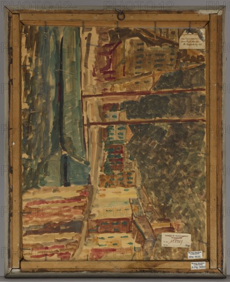 Tea roses in a green vase, Jan Bohuszewicz 1878–1935, painter; contemporary painting, flowers, still life, interwar period; 1933; Italy ; oil painting; 64 cm x 51 cm., The image shows the back of a framed painting with a wooden stretcher and exposed canvas painted in loose brushstrokes. Visible colors include brown, tan, beige, dark green, teal, muted red, maroon, and hints of black and yellow. The painted reverse displays abstract, vertical and horizontal strokes forming blocks and textured areas, with a tall vertical dark greenish-blue section on one side and denser darker patches on the opposite side. The wooden frame is light brown with metal corner hardware and small metal staples or nails visible along the edges, and there are a few small paper labels attached to the lower and upper areas of the frame.