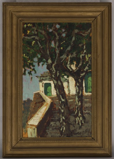 Plane trees at the monastery gate, Bohuszewicz, Jan 1878–1935 painter, contemporary painting, interwar period, message provenance, trees, Italy, landscapes, 1930, painting, height 60 cm, width 35 cm, A framed painting showing a scene with a large tree foregrounded, its trunk and branches painted in dark browns and blacks with patches of pale gray and white, and foliage rendered in deep greens with touches of lighter green and yellow. Behind and beside the tree is a building with pale off-white walls and green window or door openings, and a stair or ramp structure in warm beige and ochre tones leading upward. The background includes a sky area in muted pale blue with hints of lilac, and the ground and surrounding surfaces are a mix of dark grays, browns, and olive greens. The frame around the image is a wide, molded wood tone in golden brown.