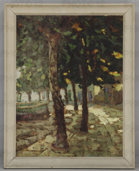 Kort La Corte, Bohuszewicz, Jan 1878-1935 painter, contemporary painting, interwar period, landscapes, trees, 1932, Italy, oil on canvas painting, height 45 cm, width 34.5 cm, A framed oil painting of a tree-lined street scene showing a group of trees with textured trunks and dense foliage in dark green, brown, yellow, and hints of orange, set against a lighter background of pale green, beige, and muted blue tones; the ground and pavement display earthy browns, olive green, and cream with rough brushstrokes suggesting dappled light and shadow; a pale off-white wooden frame surrounds the painting.