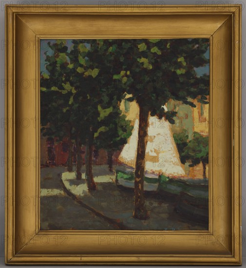Sail and Plane Trees, Bohuszewicz, Jan 1878–1935 painter, boats, contemporary painting, compositions, interwar period, 1933, Italy, painting, height 40 cm, width 35 cm, A framed painting showing a group of trees with dark trunks and dense foliage in shades of green, dark green, and touches of yellow, set against a background with large pale areas of cream and light tan and patches of muted orange and brown; the ground is painted in deep gray and slate tones with hints of blue and green, and there are areas of darker brown and maroon near the lower left; the frame around the painting is a warm gold color with an inner trim of slightly darker gold.