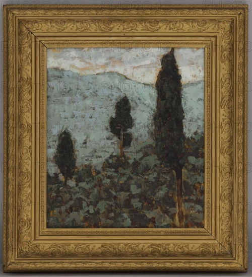 Cypresses under the mountain, Jan Bohuszewicz 1878–1935, painter; contemporary painting, interwar period; trees, mountains, landscapes, cypresses; 1931; Italy; painting; 39.5 cm × 35 cm., A framed oil painting depicting a landscape with a few tall, dark trees rising from a foreground of dense, textured foliage; the foliage and hillside are rendered in muted greens and dark olive tones with touches of brown and rust, while the sky above is painted in pale gray-blue and off-white with faint warm beige accents. The frame is ornate and gilded, showing gold and darker antique gold shading with carved floral and scroll motifs around its borders.