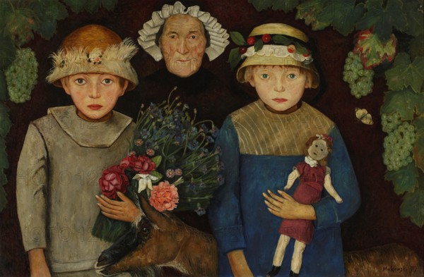 Vita brevis, ars longa; Makowski, Tadeusz 1882-1932 painter; contemporary painting; École de Paris style; group portraits; goats; allegorical scenes; dolls; wildflowers; 1918; France; painting; height 62.5 cm; width 95 cm, A portrait of three figures against a dark background, showing an older person in the center wearing a white ruffled cap and dark clothing, flanked by two children wearing hats and dresses; the child on the left wears a light-colored dress and a tan hat with pale feather trim and holds a bouquet of mixed flowers including pink and white blossoms, while the child on the right wears a blue dress with a tan yoke and a yellow hat decorated with green leaves and red round adornments and holds a small cloth doll in a red dress; a brown animal head appears near the bottom center, a pale yellow butterfly is visible near the right child, and clusters of green grapes and green leaves frame the scene at the top and sides, with colors including brown, tan, beige, blue, green, re...