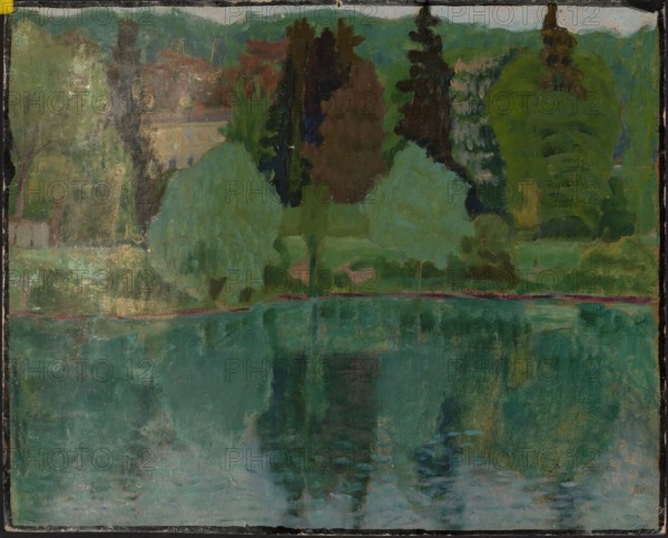 Park, Czarkowska, Janina 1883–1945 painter, contemporary painting, landscapes, visual documentation, parks, 1913, Poland, oil painting, height 33 cm, width 41 cm, A landscape scene showing a body of water in the lower half reflecting the surroundings above, with a shoreline separating water and land; a group of trees and shrubs of various shapes and sizes line the shore, including rounded trees and taller, more vertical trees. The visible colors include several shades of green, teal, and blue in the water and foliage, lighter green and mint in some tree canopies, darker green and forest green in other trees, brown and dark brown in tree trunks and taller trees, touches of reddish-brown and rust in parts of the foliage, and muted beige and tan in a small indistinct structure partially visible behind the trees. The surface of the water shows reflected tones of teal, green, and blue, with softer, blended brushstrokes and a few subtle lighter highlights. The overall appearance is painterly...