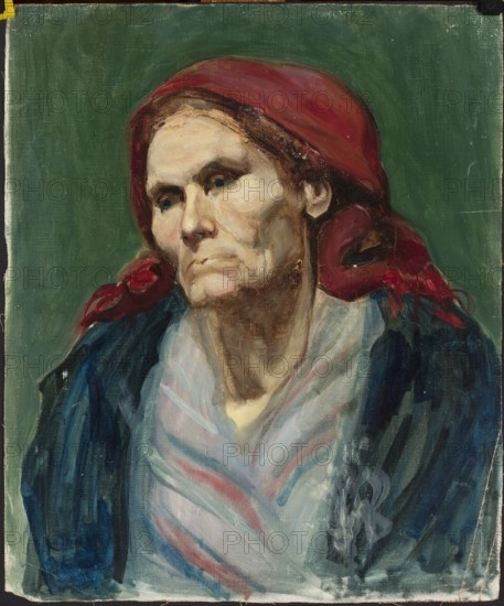 Study of an Old Woman, unknown painter, Stanislaw Krajewski 18..–1916. Portrait en three-quarters of a woman. Painting, before 1927. Height 54.5 cm; width 45.5 cm. Poland., A painted portrait of an older person with a stern expression wearing a red headscarf and a dark outer garment, shown against a flat green background; the face is rendered in pale flesh tones with shadows in brown and gray, the headscarf is red with darker red and maroon folds, the clothing includes deep blues and navy with lighter blue and gray highlights, and a light shawl with soft stripes in pale blue and muted red draped around the neck and chest.