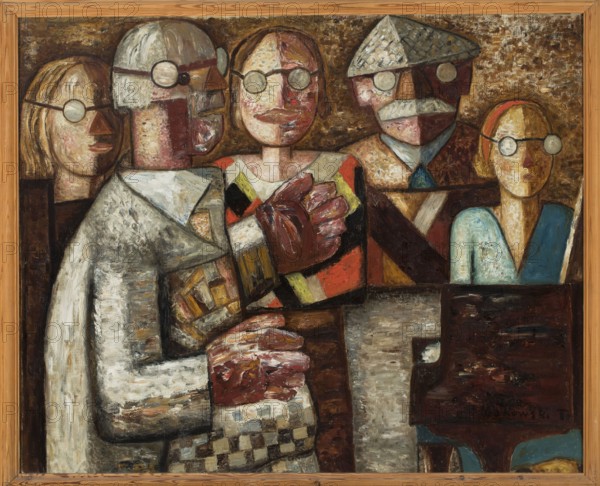 Musical Session, Makowski, Tadeusz 1882–1932 painter, contemporary painting, music, genre scenes, École de Paris style, group portraits, 1930, France, painting, height 81 cm, width 100 cm, A group of stylized figures packed closely together fills the framed image, painted with textured brushstrokes in earthy tones and muted colors. Visible colors include brown, beige, tan, cream, white, gray, black, red, maroon, pink, pale blue, teal, yellow, orange, and hints of green. Several faces are shown with round eyeglasses and simplified facial features, each face rendered with blocks of color and visible brushwork. One figure wears a patterned garment with geometric shapes in red, yellow, black, and cream, and another wears a light-colored coat with a checkered lower edge. A figure toward the right has a pale blue top, and a figure behind wears a hat with a textured pattern. Hands with layered strokes are visible in the foreground, and a dark rectangular object occupies part of the lower righ...