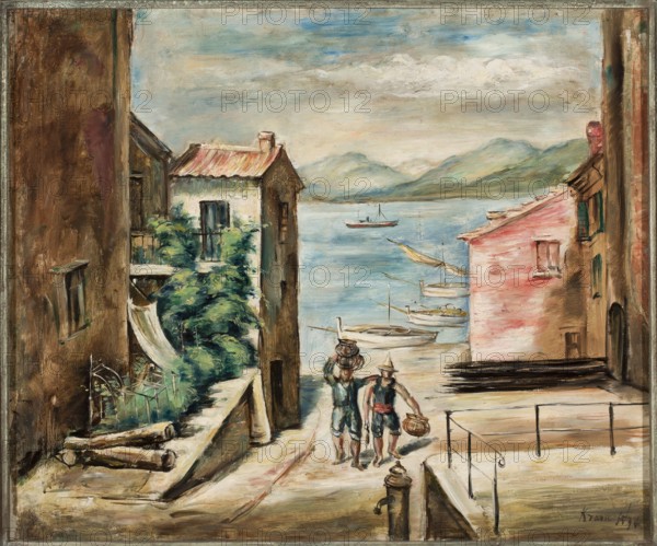 Return from the Fishing A Town by the Water, Roman Kramsztyk 1885–1942, painter; contemporary painting, interwar period; Rytm Association of Polish Artists Warsaw; 1922–1932; towns, seaside landscapes; ca. 1930, France; painting; height 68.5 cm, width 81.5 cm, A coastal village scene shows narrow stone buildings flanking a path that leads down to calm water, with a group of small boats moored near the shore and a larger boat farther out; two barefoot figures walk toward the water carrying baskets, one with a hat and one carrying something on their head; vegetation with green leaves grows between the buildings on the left, and a pale pink building stands on the right with green shutters; the sky is cloudy with tones of blue and gray, distant hills rise beyond the water in muted green and blue, and the overall palette includes browns, beige, tan, cream, green, blue, pink, and touches of red and black.