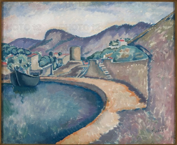 Landscape from the South Coast, Zak, Eugeniusz 1884–1926 painter, contemporary painting, France, École de Paris style, landscapes, 1913, painting, height 60.5 cm, width 73 cm, A painted coastal scene showing a curved waterfront path beside a body of water with a small dark boat floating near the edge. Along the shore are stone walls and stepped terraces leading up to a cluster of buildings and trees on a hillside. In the background are layered mountains with rounded peaks. The sky above is pale with soft cloud-like brushstrokes. Visible colors include blue, teal, green, purple, pink, beige, tan, gray, white, and touches of red.