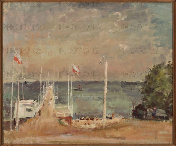 Motif from Hel, Seidenbeutel, Efraim 1903–1945 painter, Seidenbeutel, Menasze 1903–1945 painter, Warsaw School artistic group; 1929–1939, ports, Hel Pomeranian Voivodeship, ca. 1936, Poland, painting, height 60 cm, width 71.5 cm, A painted scene of a waterfront with a wooden pier extending into a calm sea under a cloudy sky, rendered in muted tones of beige, tan, gray, blue, green, pink, and brown; a few white vertical posts and lamp posts stand along the pier and shore, with a couple of red-and-white flags visible on poles; small boats float near the pier and a lone rowboat with a figure is on the water; sandy and earthy foreground areas lead to a cluster of green and dark foliage on the right where a small shelter and a group of people are depicted wearing darker blues and reds; overall brushstrokes are loose and impressionistic with soft blending of colors.