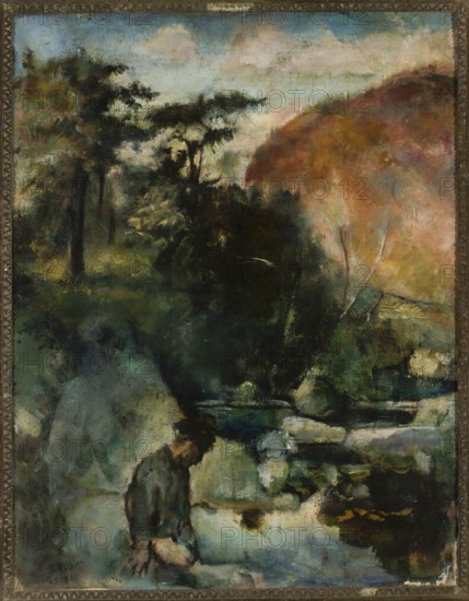 Landscape with a lake and trees, unknown author, trees, lakes, landscapes, 1928, painting, height 64 cm, width 50 cm, A painted landscape scene shows a densely wooded area with a group of dark green and black trees on the left and a sloping hillside in warm oranges, reds, and browns on the right, set beneath a pale blue sky with soft white and pink clouds. In the lower portion there is a reflective body of water rendered in deep blues, greens, and hints of white, surrounded by rocks and foliage in muted grays, greens, and ochres. Near the foreground a solitary figure with a dark shirt and brown hair is seated on or beside a pale gray rock, head bowed. The overall palette includes green, black, brown, orange, blue, gray, white, and ochre, and the scene is contained within an ornate narrow frame visible around the edges.