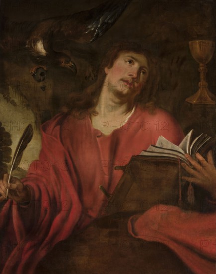 Saint John the Evangelist in ecstasy, unknown Italian painter, religious scene, Italian religious painting, attributes: eagle and book, iconography of John the Evangelist Saint; ?–ca. 100, 17th century, painting, height 111 cm, width 89 cm, A person with long brown hair and a light complexion wearing a red garment sits holding a feather in one hand and an open book with visible pages in the other, an eagle with brown and white feathers hovers above holding an object, a wooden chalice stands to the side, and the overall scene shows dark brown and muted background tones with highlights of red, brown, white, and gold.
