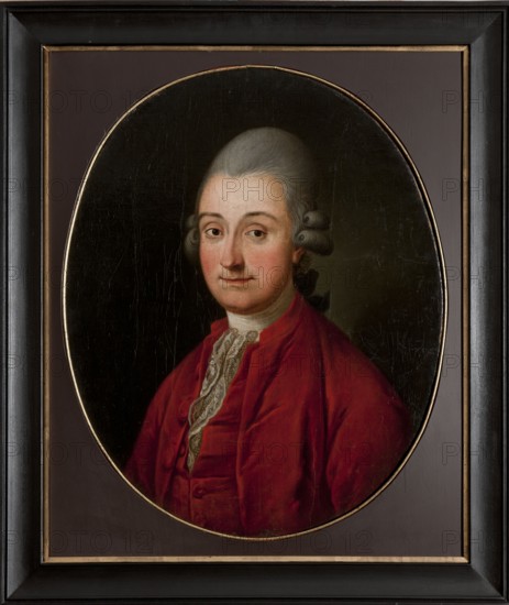 Portrait of Franciszek Dembinski ?-1776, the last starost of Wolbrom, unknown Polish painter. A young man, approximately thirty-something, bust, turned three-quarters to the left, looking straight ahead. His face is quite full, light pink with a slight flush, with a high forehead, long nose, and thin lips, the corners lifted in a grimace. He wears a gray powdered? wig with a bow at the nape and tubular curls at the temples, combed back above the forehead. Thin eyebrows, brown eyes. Dressed in a red velvet tailcoat with a narrow stand-up collar and a single row of fabric-covered buttons, unbuttoned; beneath it a matching vest, unbuttoned at one button, and a white shirt with a high-tied white scarf with lace edges. Background grayish-green, smooth, slightly lightened near the head. Stiffly painted with smoothly filled surfaces. Inscription on reverse in black paint: N= 12 | Dembinski ostatni Starost... olbro ca. 1762. Oil painting, 69.4 cm × 56 cm., An oval-framed oil portrait of a pers...