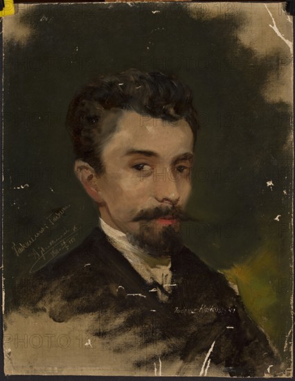 Portrait of Tadeusz Rybkowski; painted by Tadeusz Ajdukiewicz 1851–1916. 1883 oil painting, 32.5 × 25.5 cm. Three-quarter bust portrait of Tadeusz Rybkowski 1848–1926, depicting beard and mustache., A painted portrait of a man shown from the shoulders up against a dark greenish background, featuring dark wavy hair, a mustache and goatee, and a light skin tone with visible brushstrokes; he wears a dark jacket with a lighter collar and a hint of a light shirt beneath, and there are areas of paint wear and small losses around the edges and across the surface; visible colors include dark green, black, brown, tan, flesh tones, white, a small area of muted yellow-green, and touches of reddish-pink on the lips.