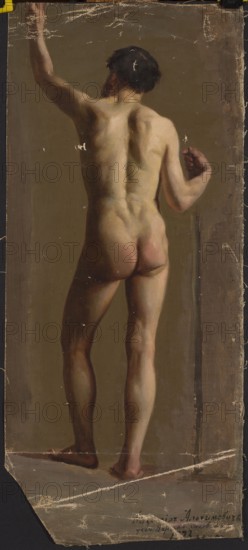 Standing male nude, back facing; Kazimierz Alchimowicz 1840–1916, painter; academic study of a male model, 1873; painting; height 58 cm, width 26 cm., A painted depiction of a nude male figure seen from behind standing on a floor, with a raised left arm and a slightly bent right arm, showing a muscular back, buttocks, and legs; the figure has dark hair and a beard visible in profile. The background is a plain muted brown, and the tonal range on the skin includes pale flesh, pinkish highlights, and warmer brown shadows. The floor area shows cooler gray-brown tones, and there are a few scuffed and worn marks on the painted surface revealing lighter underlayers. The overall color palette includes brown, beige, pink, gray, and black.