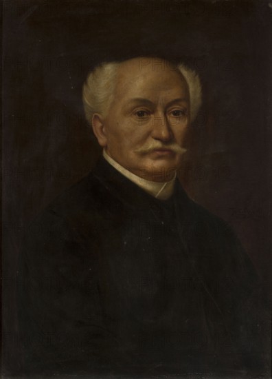 Portrait of Mathias Bersohn 1824–1908, painted by Feliks Cichocki 1861–1921; oil painting, 1908; modernist style; portrait en trois-quarts of Mathias Bersohn—gray-haired, mustached, partly bald man; dimensions: 73.5 × 54 cm., A portrait of an older man with light skin and white hair styled away from his face, a white mustache, and neutral expression, wearing a dark garment with a lighter collar; the background is dark with deep brown and black tones, and the visible colors include shades of beige, cream, brown, black, and muted gray.