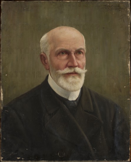 Portrait of Hipolit Leski, Cichocki, Feliks 1861–1921 author, revindication Vilnius, portraits, modernism style, old age, bust portraits, beards facial hair, mustaches, bald heads, three-quarter portrait, male portrait, gray-haired man, 1913, painting, height 56.5 cm, width 45 cm, A painted portrait of an older man shown from the chest up against a muted olive-green background, featuring pale skin, a bald head with a fringe of white hair at the temples, and a full white mustache and beard; he has light-colored eyes and a composed facial expression with visible facial lines. He wears a dark coat over a white high collar and dark neckwear. The painting has visible canvas texture and some surface wear along the edges, and the overall color palette includes olive green, pale skin tones, white, and dark brown or black.