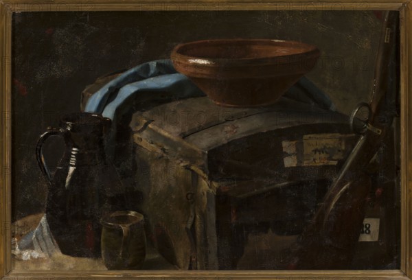 Still life; Maksymilian Gierymski 1846–1874, painter; realism; 3rd quarter of the 19th century; painting; subject: vessels, still lifes, trunks; dimensions: height 52 cm, width 76 cm., A dim still life showing a worn wooden chest topped by a shallow brown bowl and partly covered by a draped blue cloth, a dark glazed pitcher with a handle sits beside the chest near a small greenish cup, and a curved metal object leans against the chest; the scene is set against a dark background with visible cracks and scuffs, and the dominant colors are brown, dark brown, black, blue, green, and touches of white and ochre.