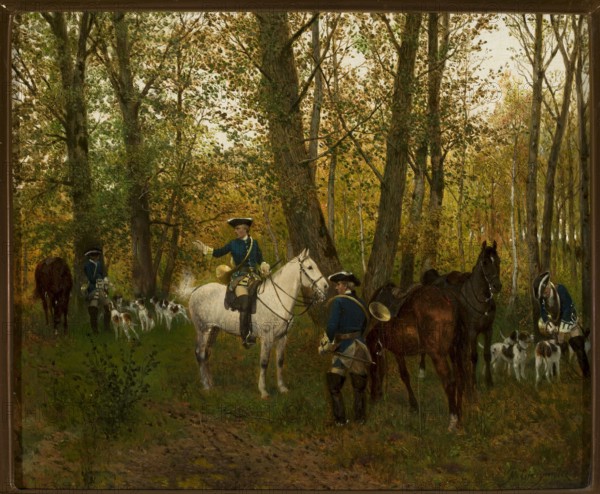 Rest on the Hunt, Gierymski, Maksymilian 1846–1874 painter, genre scenes, genre scenes against a landscape background, horses, riders, hounds, rococo costumes, hunting horns, forests, dogs, autumn, rest, Munich School, realism style, 1872–1873, painting, A wooded scene with tall trees and foliage in shades of green, yellow, brown, and gold, with a grassy forest floor in greens and browns. Several men wearing blue coats and dark hats are present, some mounted on horses and some standing; one man sits on a white horse while another stands beside a brown horse. A group of hunting dogs with white and brown coats gathers near the figures, and another dog group is visible near the right edge. Two additional horses, one dark and one brown, stand among the trees. The light filtering through leaves creates a dappled pattern of light and shadow across the scene.