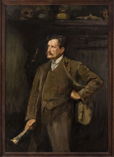 Self-portrait, Ciaglinski, Jan 1858-1913 painter; message provenance; portraits; modernism style; male portraits; self-portraits; portraits of artists; Ciaglinski, Jan 1858-1913 - iconography; 1912; painting; height 166 cm; width 117 cm, A painted portrait of a man standing in a dark interior, wearing a brown suit with a lighter brown vest and a white collar visible at his neck; he has dark hair and a mustache and looks slightly to his left, one hand on his hip and the other holding a light-colored object. The background is very dark with deep browns and blacks and a few muted yellow and ochre objects on a shelf near the top, and the overall palette includes shades of brown, black, dark green, muted yellow, and touches of white and beige.