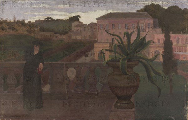 Roman Gardens, Grajnert, Edward 1876 aut 1877-1907 painter, provenance unknown, modernism style, 1899, painting, height 90 cm, width 142 cm, A dusk scene on a terrace with muted tones of green, brown, pink, gray, and dark blue, showing a person in dark clothing and a hat standing near a stone balustrade, holding a small object and resting one hand near their face; a large ornamental urn with long, pointed green leaves occupies the foreground to the right, set on a pedestal; behind the balustrade a sweeping view of gardens and a pathway leads toward a group of distant buildings in pale pink and beige with rows of windows, and a tall dark tree silhouette rises near the right edge; the sky is cloudy with streaks of pale gray and off-white, while the terrace and architectural details show weathered stone colors and subdued shadows.