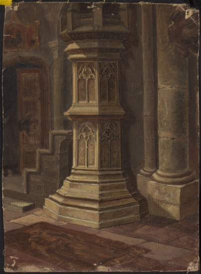Gothic pillar in the interior; Gryglewski, Aleksander 1833–1879 painter; Gothic style; 3rd quarter of the 19th century; painting; height 22 cm, width 16 cm; subjects: church interiors, tombstones, tracery., The image shows an interior scene with a large, ornate stone pedestal or column base featuring carved gothic arches and decorative panels in shades of beige and light brown, positioned next to a round stone column in muted gray and brown tones; behind and beside it are stepped stone structures and a recessed doorway in deep brown and dark gray, with shadowed areas creating contrast; the floor is tiled in warm brown and reddish-brown hues with a darker brown rug or mat in the foreground; overall colors visible include shades of brown, beige, gray, and muted red.