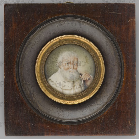 Portrait of Rafal Rogozinski, grandfather of the painter Antoni Wincenty Rogozinski. By Karol Charles Bechon 1732–1812 and Józef Bechon 1784–1858. En face miniature portrait, bust of an old man turned 3/4 left; short grey hair down to mid-nape, disordered, abundant grey beard and mustache, grey eyebrows, light eyes, wrinkled face. Wearing a white coat/habit; left hand resting on a walking stick. Background grey-celadon-sand, brightened on the right, stippled. Signed left center: Bechon. Round profiled rim of darkened brass decorated with a row of stylized engraved palmettes, pressed into a rectangular profiled ash wood frame stained mahogany. Dated circa 1790–1794, Poland. miniature, A circular framed miniature portrait of an older bearded man is mounted on a square wooden panel; the man has white hair and a white beard and is shown from the shoulders up, wearing a light-colored garment and holding a small dark object near his mouth with one hand; the portrait is set within a gold-colo...
