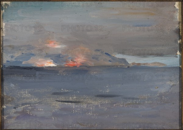 Fires from the Ship. From a Journey to Palestine, Jan Ciaglinski 1858–1913, painter. Modernism, 1901. Painting, 22.5 × 31.7 cm., A painted seascape showing a wide expanse of water in shades of grayish blue and bluish gray with brushy highlights in lighter gray and pale blue; near the horizon a darker band separates the sea from a cloudy sky that fills the upper part of the image in muted grays, soft blues, and a few pale brownish tones; low on the horizon there are small areas of warm orange and reddish-pink suggesting a glow amid the clouds, with surrounding cloud strokes in bluish gray and touches of white; the edges of the image show a narrow worn frame in brown and off-white.