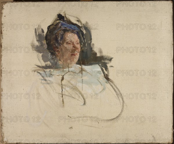 Portrait of Alina Doré, singer; Jan Ciaglinski 1858–1913, painter; 1900; painting, 89 × 107 cm; modernism; portraits, sketches, portraits of women; Doré, Alina fl. ca. 1900–1910 — iconography., A loosely painted portrait of a person seen from the chest up, rendered on a blank beige canvas. The figure's face and hair are painted with rough, expressive brushstrokes in tones of brown, pink, and peach with small areas of darker brown and blue. The hair includes strokes of dark brown and a vivid blue accent. The clothing and surrounding brushwork use pale whites, light gray, and muted blue washes with quick curved charcoal or dark gray lines suggesting the shoulders and upper torso. There is shadowing behind the head in deep gray and black strokes, and the overall background remains the raw beige canvas with some darker brown marks along the edges.