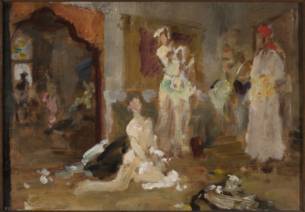 Sketch for the painting Potocka in Bakhchisarai, Jan Ciaglinski 1858–1913, painter; modernism; ca. 1897–1899; painting, The image shows a loosely painted interior scene with a group of loosely rendered figures and objects in muted browns, beiges, and grays, with touches of white, cream, pale green, and soft pink. In the foreground there is a reclining figure painted in cream and white tones beside a dark shape with hints of black and deep green, and scattered pale brushstrokes on the floor. Toward the center a standing figure in light colors with pale green accents is suggested next to another upright form in similar muted tones. To the right a tall figure in off-white with a bright red head covering stands near a group of figures rendered in soft olive, ochre, and muted purple. The left side contains a darker recess with shadowy shapes in deep brown and charcoal, and small areas of pale blue, yellow, and pink that imply distant figures or objects. Overall the brushwork is loose and sk...