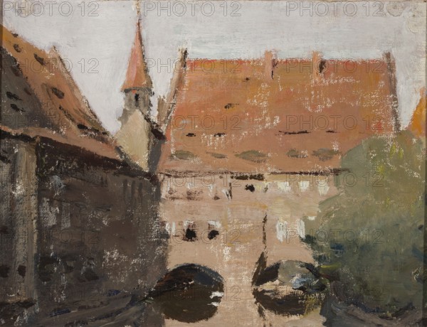 Nuremberg, Ciaglinski, Jan 1858-1913 painter, Young Poland style, architecture, Nuremberg Germany, Gothic architecture, 1906, painting, height 27 cm, width 34.5 cm, A painted scene showing a cluster of buildings with steep roofs in shades of orange, rust, and brown, a tall pointed tower with a muted pinkish peak, and a pale gray sky above; a darker brown structure sits on the left with rough textured walls, while the central building has a large orange roof and lighter beige walls with small dark openings; in the lower area there are two dark rounded shapes suggesting reflections or openings, and to the right a mass of foliage in shades of green and olive with touches of yellow, all rendered with visible brushstrokes and a muted, earthy palette including gray, beige, brown, orange, rust, green, olive, black, and white.