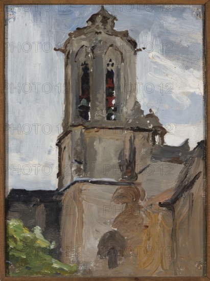 Ciaglinski, Jan 1858–1913 painter, Young Poland style, architecture, 1902, painting, height 33.5 cm, width 25 cm, A painted scene of a tall stone tower with arched openings showing dark vertical shapes in red, green, and blue, set against a pale blue and white sky with sweeping brushstrokes; the tower and adjoining building are rendered in various shades of gray, brown, and beige with loose, textured brushwork, and a small area of green foliage appears at the lower left.