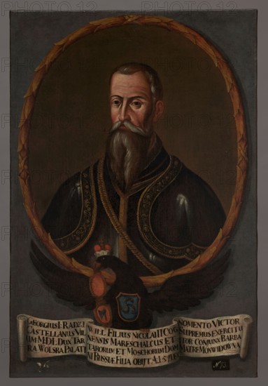 Portrait of George I Radziwill ca. 1480–1541, unknown Polish painter. Oval portrait with a laurel wreath incorporated into the painting's rectangle. Within the oval: bust, turned slightly left, of a slim, grey-haired man with short hair, a drooping mustache and a beard divided into two parts, wearing black plate armor with decorative shoulder straps and a gold chain across the right shoulder and chest. Brown-gray smooth oval background. The portrait rests on the back of a black eagle wearing a princely mitre, with a coat of arms on its chest and two trumpets in its beak both on red fields; upper one empty, lower one possibly an axe; in its claws it holds a white ribbon with a Latin inscription. Dated 1733–1737. Painting, 110 × 74 cm., A painted portrait of a man shown from the chest up inside an oval wreath with golden and brown tones; he has a long grey beard and mustache, light skin, short hair, and a solemn expression, wearing dark clothing with ornate gold trim and a braided gold c...