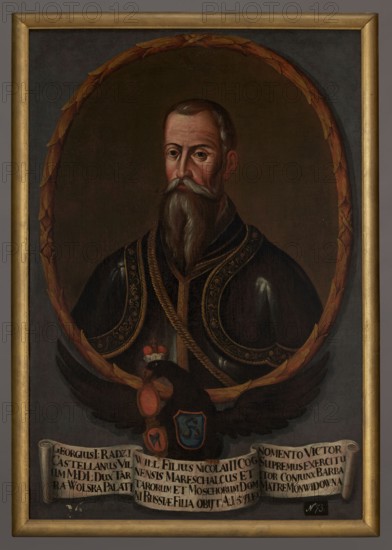 Portrait of George I Radziwill ca. 1480–1541, unknown Polish painter. Oval portrait with a laurel wreath incorporated into the painting's rectangle. Within the oval: bust turned slightly to the left of a slim, grey-haired man with short hair, a drooping mustache and a beard divided into two parts, wearing black plate armor with decorative shoulder straps and a gold chain across the right shoulder and chest. Brown-gray smooth oval background. The portrait rests on the back of a black eagle with a princely mitre on its head; the eagle bears trumpets coat of arms on its chest and holds two trumpets in its beak both in red fields, the upper one empty, the lower one possibly an axe. In its claws the eagle holds a white ribbon with a Latin inscription. Dated 1733–1737. Painting; height 110 cm, width 74 cm., A painted portrait of a bearded man shown from the chest up inside an oval wreath, wearing dark clothing with ornate gold trim and a long gray beard with a mustache; the wreath is brownis...