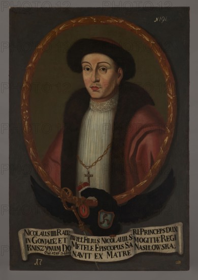 Portrait of Nicholas IV Radziwill ca. 1496–1529/30, Bishop of Samogitia, unknown Polish painter. Oval portrait with a laurel wreath incorporated into the painting's rectangle. Within the oval: half-length, turned three-quarters to the left, a young clergyman in a finely gathered white robe alb?, with a lace stand-up collar and a red cloak with brown fur lining, wearing a round red hat with a wide fur rim. On the chest is a cross on a gold chain. Expressive, harmonious features, a hint of stubble above the mouth. Oval background: green-beige, smooth. The portrait rests on the back of a black eagle with spread wings, bearing a ducal mitre on its head, a crosier in its right paw, and the Traby coat of arms on its chest. In its beak it holds the Pólkozice Nasilowskie coat of arms, and in its left paw a white ribbon with a Latin inscription. Background of the composition: bluish-gray, smooth. Dated 1733–1737. Painting, height 110 cm, width 75 cm., A painted portrait of a person shown from t...