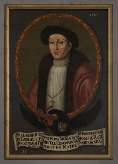 Portrait of Nicholas IV Radziwill ca. 1496–1529/30, Bishop of Samogitia, unknown Polish painter. Oval portrait with a laurel wreath incorporated into the painting's rectangle. Within the oval: half-length, turned 3/4 to the left, a young clergyman in a finely gathered white robe alb?, with a lace stand-up collar and a red cloak with brown fur lining, wearing a round red hat with a wide fur rim. On the chest is a cross on a gold chain. Expressive, harmonious features, a hint of stubble above the mouth. The oval background: green-beige, smooth. The portrait rests on the back of a black eagle with spread wings, with a ducal mitre on its head, a crosier in its right paw, and the Traby coat of arms on its chest. In its beak it holds the Pólkozice Nasilowskie coat of arms, and in its left paw a white ribbon with a Latin inscription. The composition background is bluish-gray, smooth. On the face of the painting are numbers in white paint: bottom left 17, top right 191. Dated 1733–1737. Oil on...