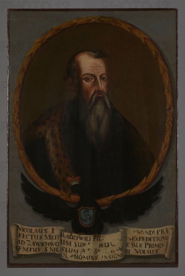 Portrait of Nicholas I Radziwill 1366–1466?, legendary figure, unknown Polish painter. Oval portrait with a laurel wreath incorporated into the corner of the painting. Within the oval: bust, turned three-quarters to the right, a grey-bearded old man with short hair and a drooping mustache, wearing a black coat lined with lynx fur. Plain brown-olive background inside the oval. The oval rests on the back of a black eagle with spread wings, wearing a princely mitre and bearing the Trumpets coat of arms on its chest; in its talons the eagle holds a white ribbon with a Latin inscription. Background around the portrait dark gray, smooth. 1733–1737, oil painting, height 109.5 cm, width 73 cm., A painted portrait of an older man with a long gray beard and receding hairline, shown from the chest up inside an oval wreath. He wears a dark robe and a fur-trimmed cloak with brown and black spotted patterning. The wreath surrounding him is golden brown with leaf-like segments. Below the portrait is ...