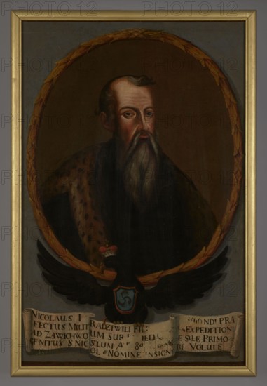 Portrait of Nicholas I Radziwill 1366–1466?, legendary figure; unknown Polish painter. Oval portrait with a laurel wreath incorporated into the corner of the painting. Within the oval: bust, turned three-quarters to the right, a grey-bearded old man with short hair and a drooping mustache, wearing a black coat lined with lynx fur. Plain brown-olive background inside the oval. The oval rests on the back of a black eagle with spread wings, wearing a princely mitre and bearing the Trumpets coat of arms on its chest; the eagle holds a white ribbon with a Latin inscription. Background around the portrait is dark gray, smooth. Inscription in the lower left corner: N 5. Dated 1733–1737. Painting, 109.5 cm × 73 cm. Portraits with inscriptions; imaginary portrait; Radziwill family., A painted portrait of an older man shown from the chest up inside an oval wreath, wearing a dark robe and a spotted fur mantle, with a long grey beard and mustache and receding hair; his face has a pale skin tone wi...