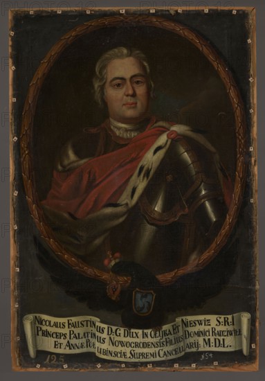 Portrait of Mikolaj Faustyn Radziwill 1688–1746, unknown Polish painter. Oval portrait surrounded by a laurel wreath inscribed within the painting's rectangle. Within the oval: half-length, left hand held to the side, torso turned straight, facing slightly to the right; a stout man in his prime with grey hair to the ears combed back. In enameled armor, beneath which a white shirt is visible at the neck, and a red coat lined with ermine fur, fastened on the left shoulder an oval clasp. Background: dark sky with the outline of clouds on the right; overall composition background gray, plain. The face is rectangular with a high forehead, wide dark eyebrows, large eyes, a straight nose, and a small, full-lipped mouth. The portrait rests on the back of a black eagle with spread wings and a princely mitre on its head; the Trumpets coat of arms on its chest; in its beak it holds the Jastrzebiec coat of arms Orzel/Palubinski family, and in its talons a white ribbon with a three-line Latin inscr...
